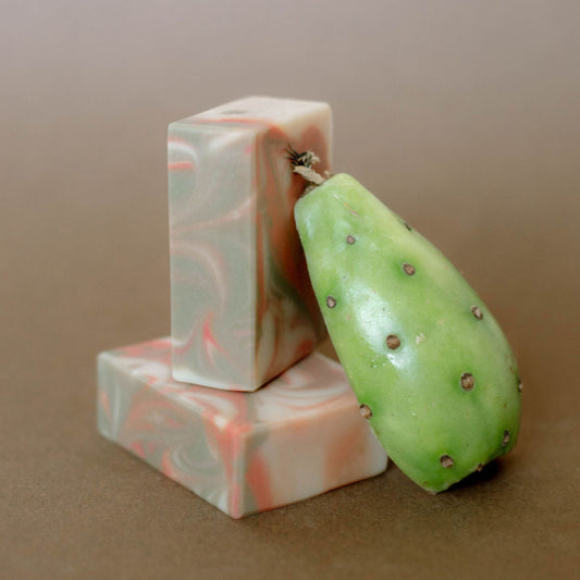 Two bars of soap with a green fruit on a brown background