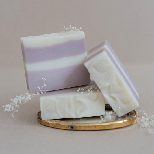 Three all-natural handmade bars of soap beautifully designed in layers of French purple clay. Scented in a blend of lavender and spearmint essential oils.