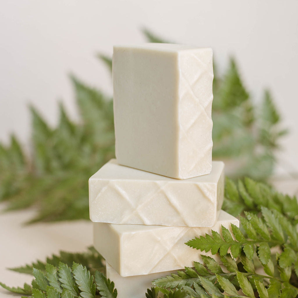 Four vertically arranged handmade bars of soap accented with fern leaves. Scented with Bramble Berry's sandalwood and sage fragrance oil.