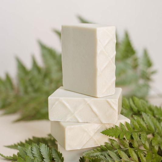 Four vertically arranged handmade bars of soap accented with fern leaves. Scented with Bramble Berry's sandalwood and sage fragrance oil.